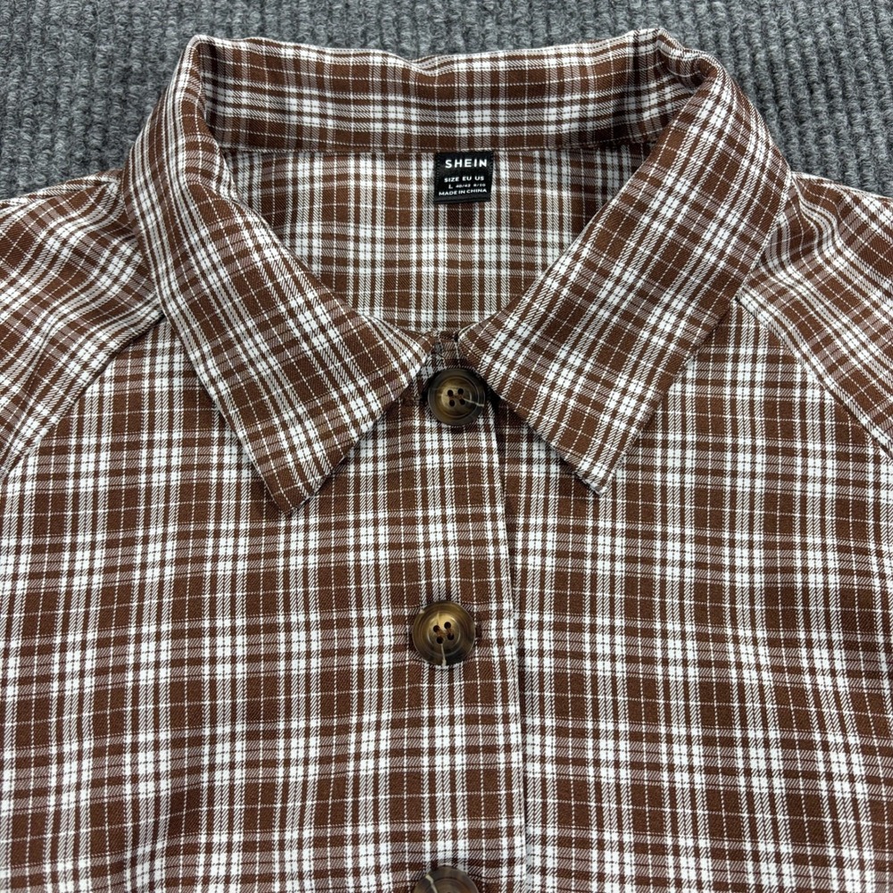 SHEIN Cropped Plaid Shirt Women Size L Brown Button Up Elastic Hem Raglan Sleeve